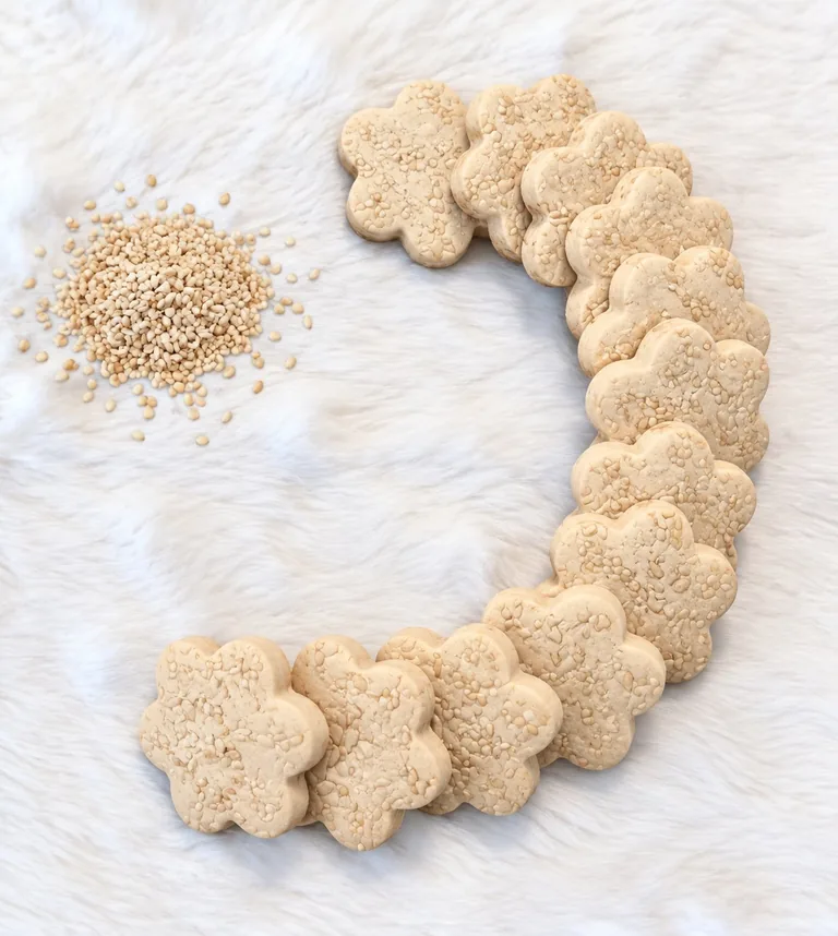 Sesame seed cookies arranged in a question mark shape with loose seeds on white fluffy background
