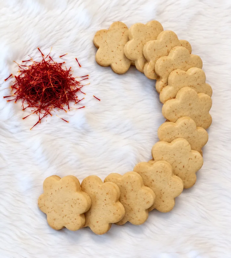 Flower-shaped butter cookies arranged in a J shape on white fur with red saffron threads nearby