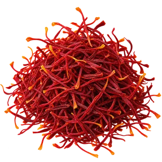 Vibrant red and orange saffron threads clustered together in a spherical shape against a black background