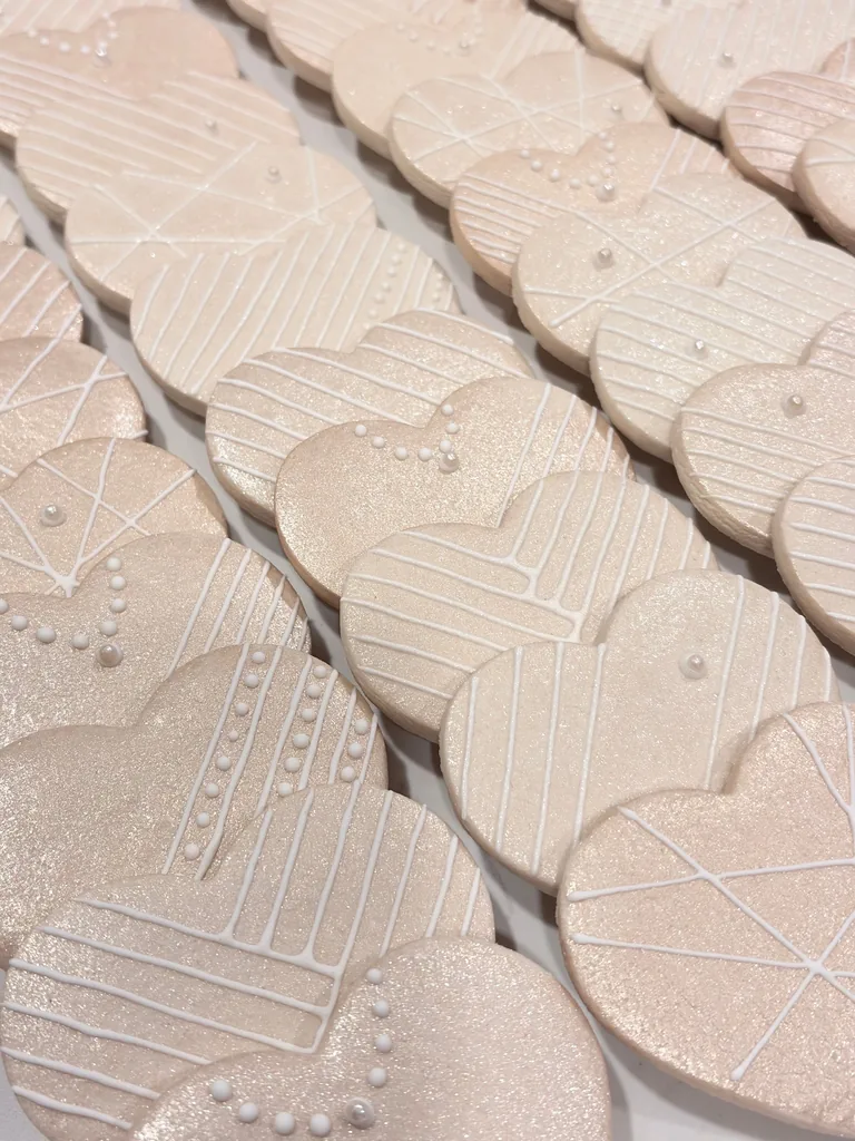 Rows of cream-colored decorative tiles with leaf and geometric patterns, displayed at an angle showing textured surface details.