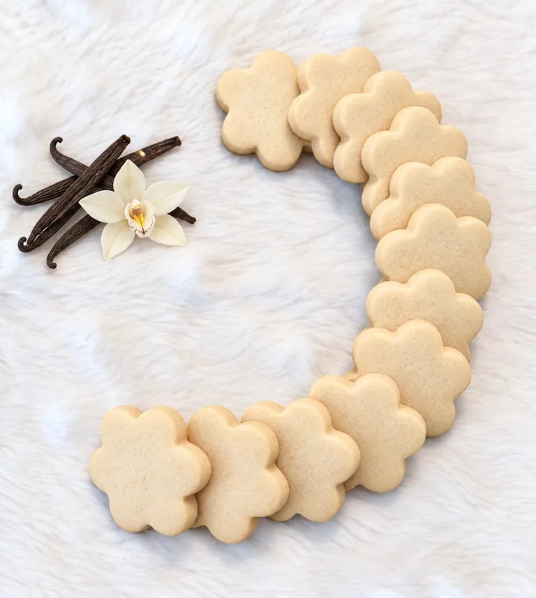 Vanilla flower-shaped cookies arranged in a curved line with vanilla beans and a white flower on a soft white background