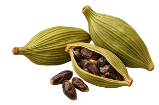 Opened cardamom pod revealing dark brown seeds, with two unopened green cardamom pods on black background