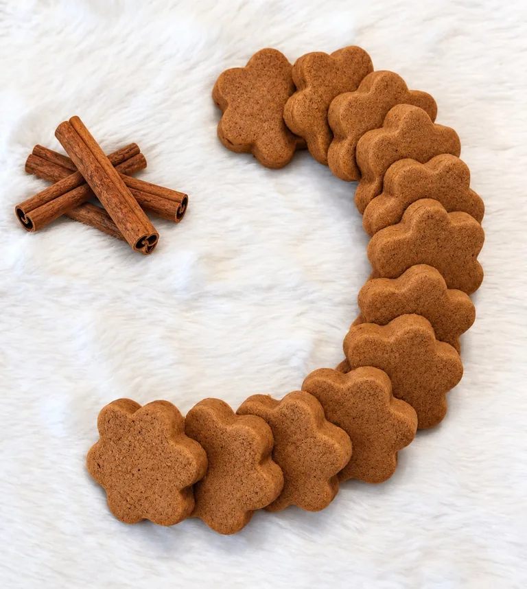 Gingerbread cookies shaped like flowers arranged in a J pattern with cinnamon sticks on white textured background